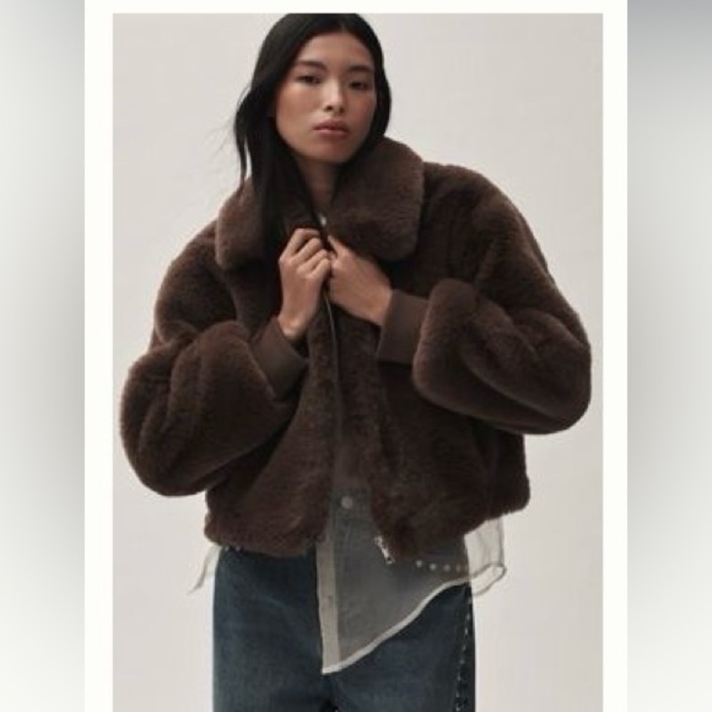 Maeve Crop Faux Fur Coat - Brown
